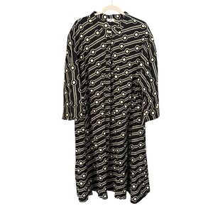Zuri Kenya Black Cream Geo Chain Print Button Shirt Midi Dress Plus 3X Flaws